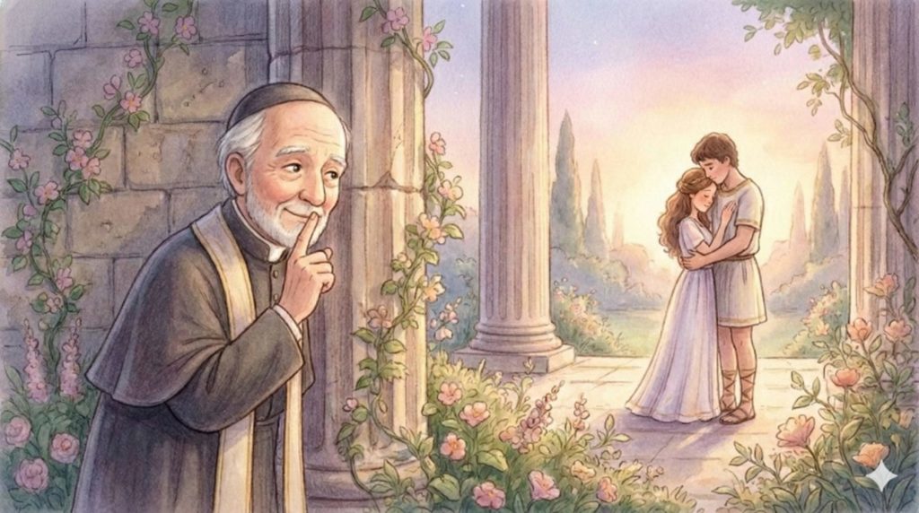 こっそりとカップルを祝福しているバレンタイン司祭のイラスト