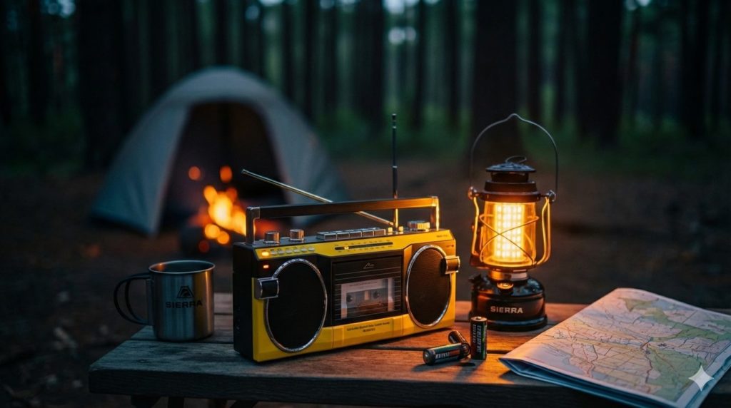 屋外のキャンプテーブルに置かれたラジカセのイメージ