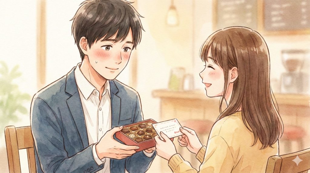 彼女からチョコとカードを受け取って、照れくさそうに微笑む男性のイラスト