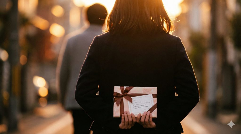 バレンタインギフトを両手で持って、少し緊張しながらもプレゼントとメッセージカードを渡そうとしている女性の背中