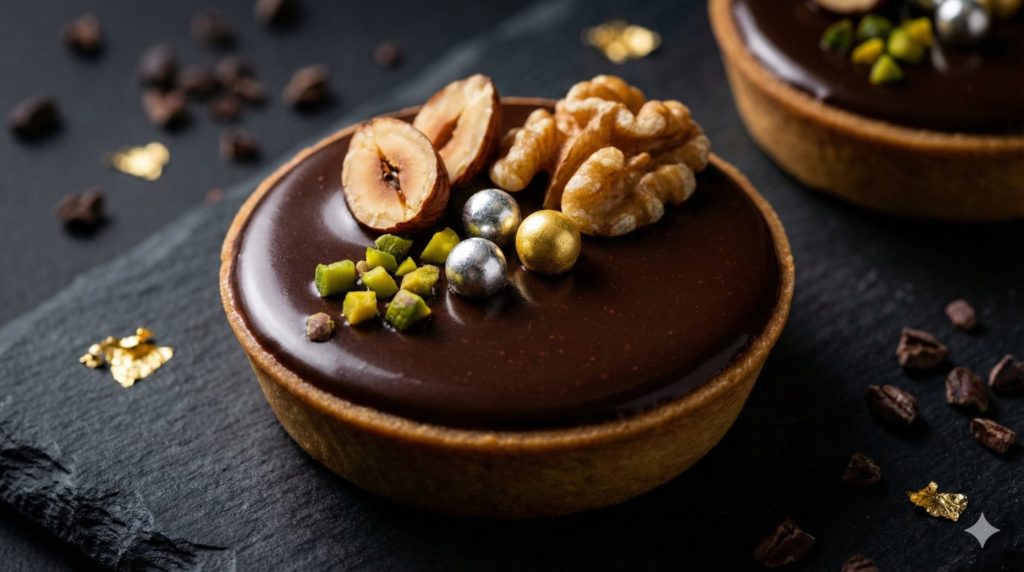 固まる直前にナッツやアラザンを乗せた生チョコタルトの完成形のアップ