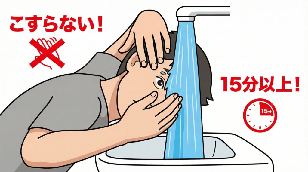 洗面所で顔を横に向け、水道の蛇口から出る水を目に当てているイラスト
