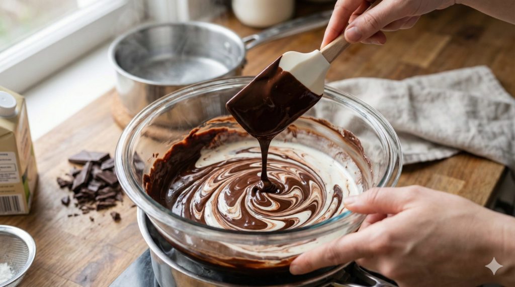 ボウルに入った艶々の溶けたチョコレートと生クリームを混ぜている様子