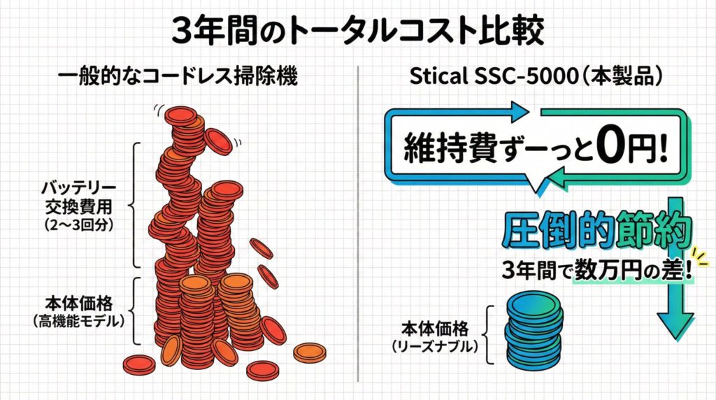 一般的なコードレス掃除機とStical SSC-5000の3年間のトータルコストを比較したインフォグラフィック
