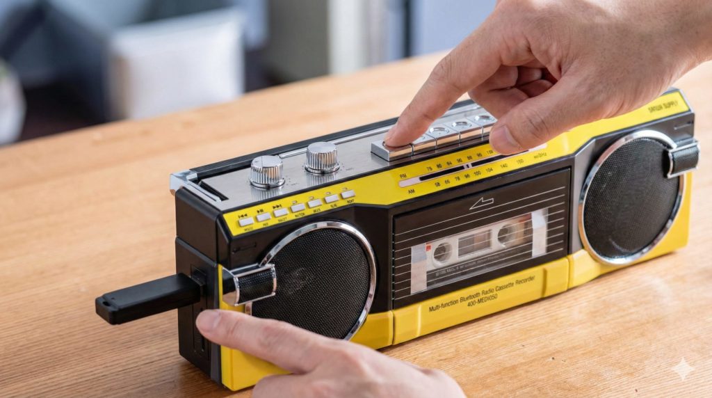 400-MEDI050Yにカセットテープを入れ、側面のポートにUSBメモリを差し込んでいるイメージ