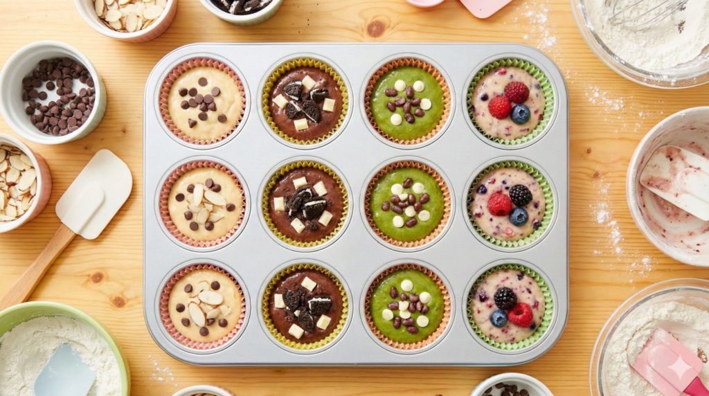 プレーン生地、ココア生地、抹茶生地などをマフィン型に入れている様子