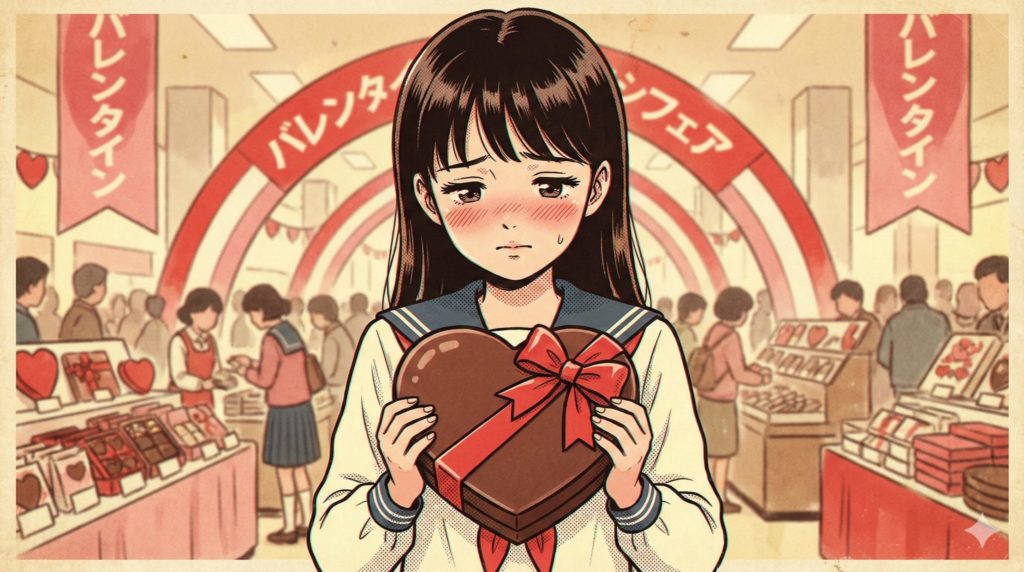 女の子が男の子にチョコを渡そうと考えてドキドキしている様子。