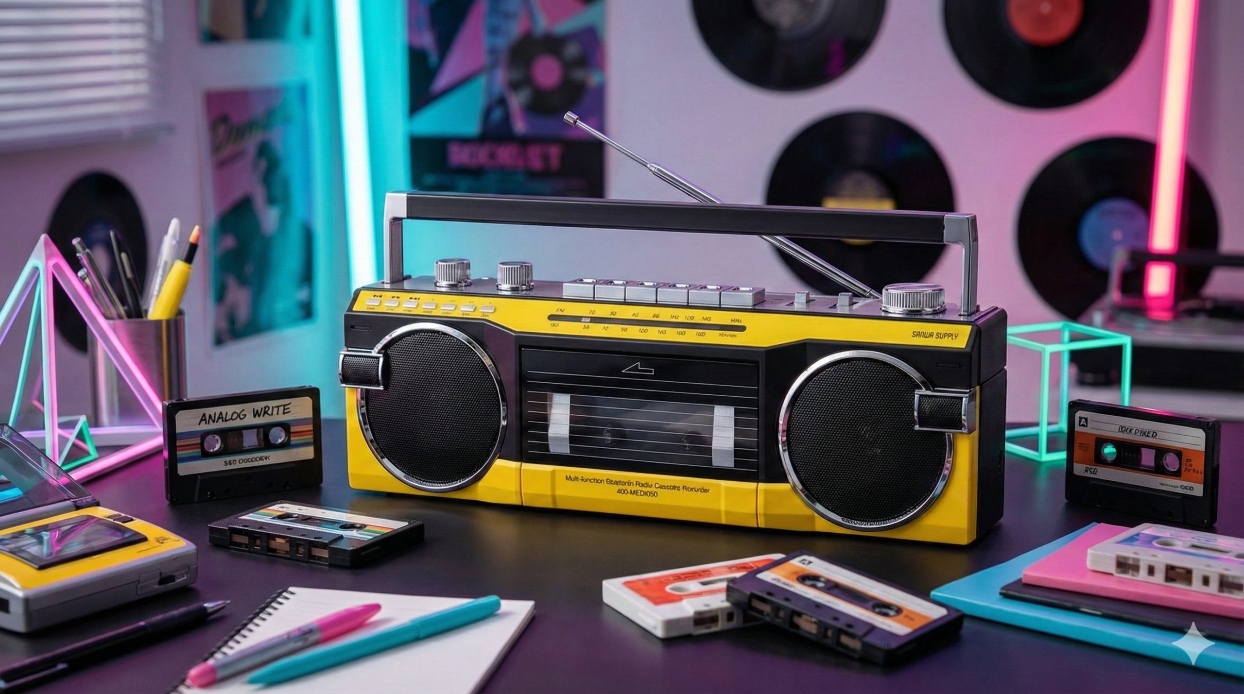 ネオンカラーやシティポップ風の小物が置かれた部屋に、サンワサプライの黄色いラジカセ（400-MEDI050Y）が置かれているイメージ