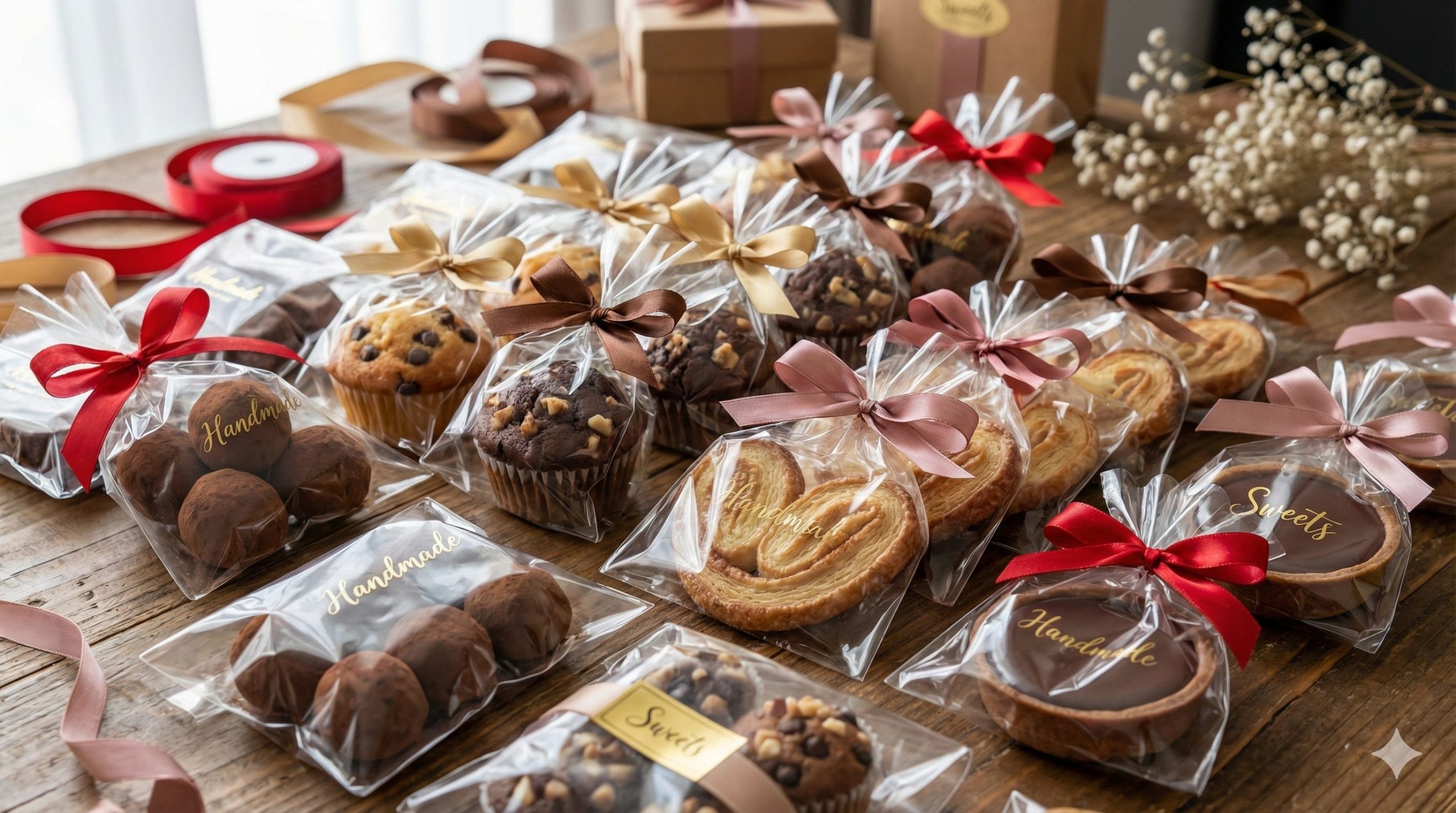 高見えする手作りチョコやお菓子がテーブルの上に大量に並んでいる様子