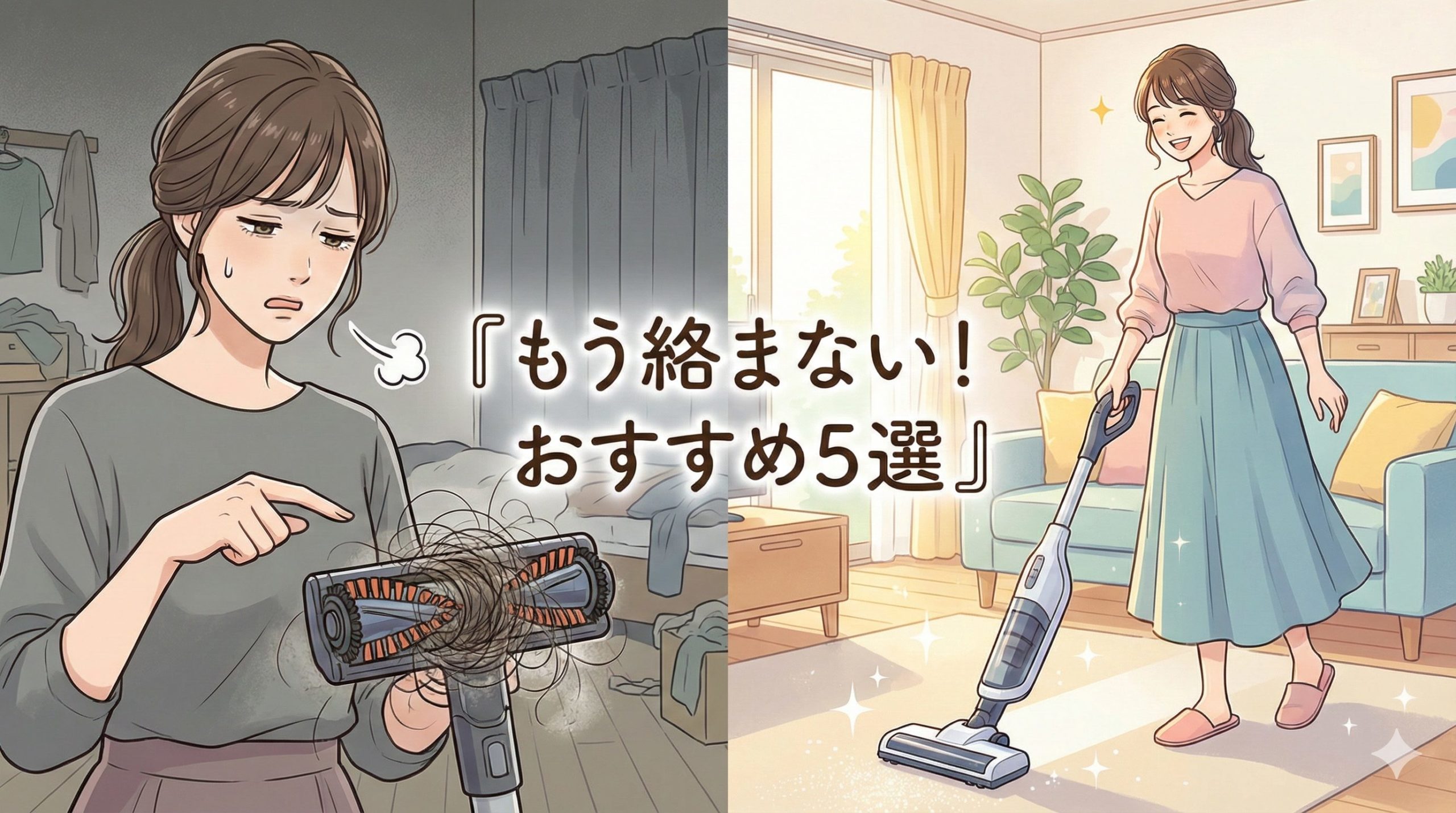 左側に「ブラシに絡まった髪の毛にうんざりする女性」、右側に「新しい掃除機で快適に掃除して笑顔の女性」の対比。中央に『もう絡まない！おすすめ5選』の文字。