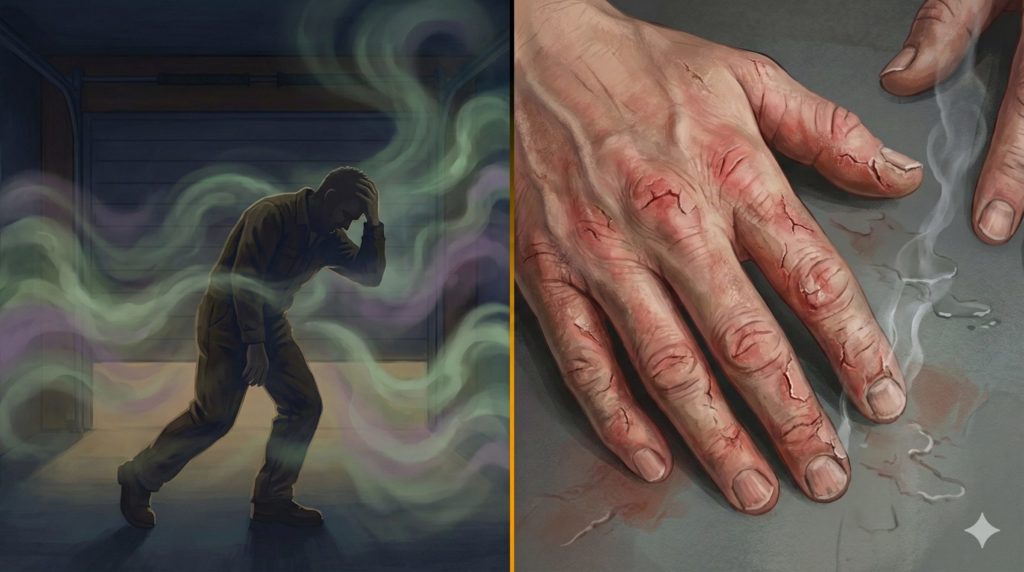 締め切ったガレージでフラついている人のシルエット（吸入毒性）と、ガサガサにひび割れた手のアップ（脱脂作用）。