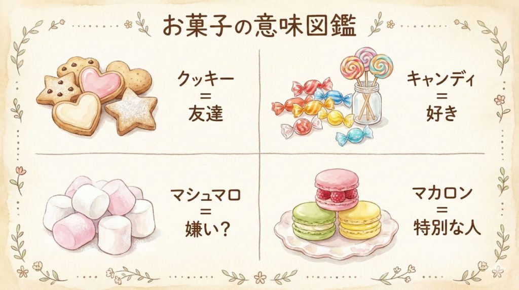 クッキー、キャンディ、マシュマロ、マカロンが並んでいるイラスト。それぞれの横に簡単な意味（友達、好き、嫌い、特別な人）が書かれている。