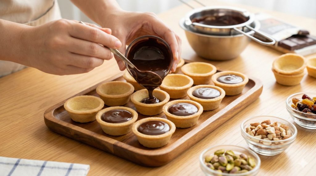 市販のタルトカップにチョコを流し込んでいる工程