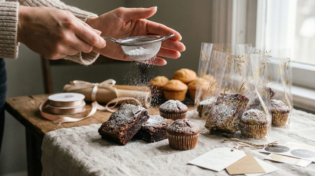 ただの焼き菓子に粉糖を振っているシーン