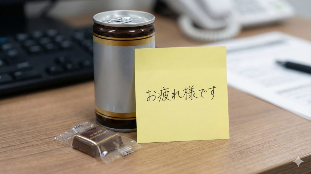 デスクの上に置かれた缶コーヒーと小さなチョコ、そして「お疲れ様です」と書かれた付箋