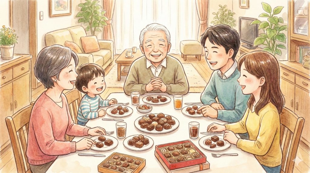 家族みんなでチョコを囲んでいる和やかなイラスト
