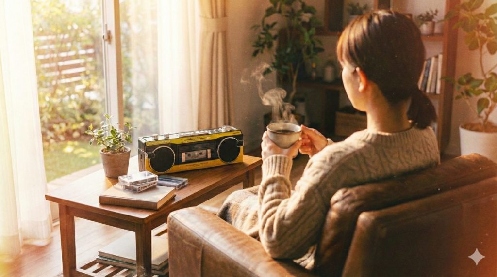 ラジカセから流れる音楽を聴きながら、コーヒーを飲んでリラックスしているイメージ