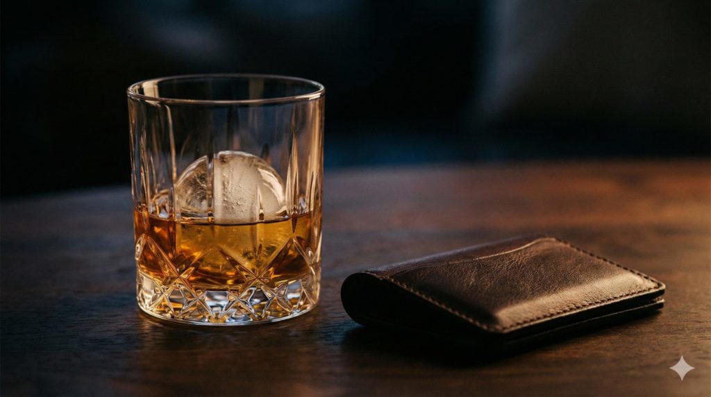 ウイスキーのグラス、少し高級なレザーの小物がテーブルに置かれているシックな写真