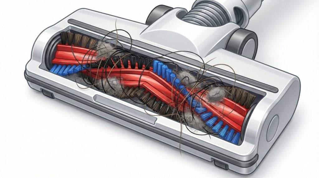 掃除機の回転ブラシに、髪の毛や糸くずがびっしりと絡まり、回転できなくなっている様子。