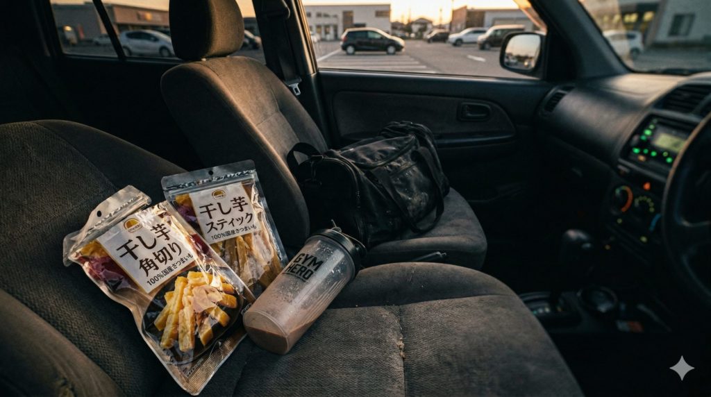 運転席に雑に置かれた干し芋のパッケージと、プロテインシェイカーのイメージ