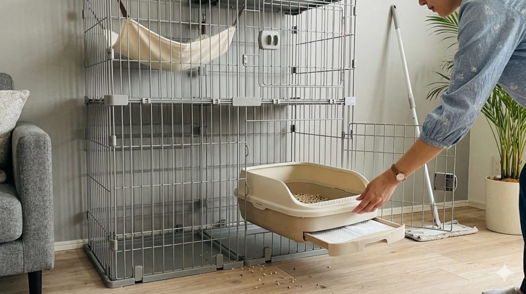 ケージの大きな下段扉から、システムトイレを一切傾けずに余裕で出し入れしている瞬間のイメージ