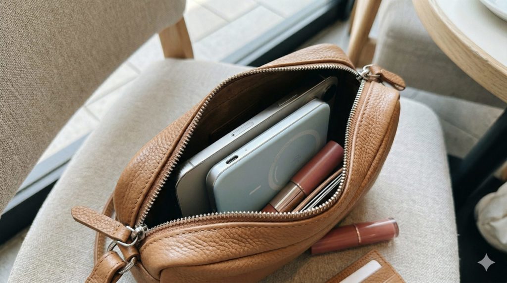 女性の小さなショルダーバッグの隙間に、スマホと一緒に極薄のパステルカラーのバッテリーがすっぽり収まっている様子
