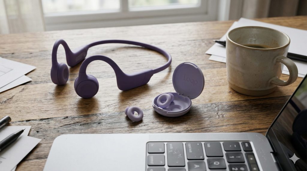 木製の机の上に置かれた骨伝導イヤホンと、スタイリッシュなシリコン製の丸いLoop風の耳栓。
