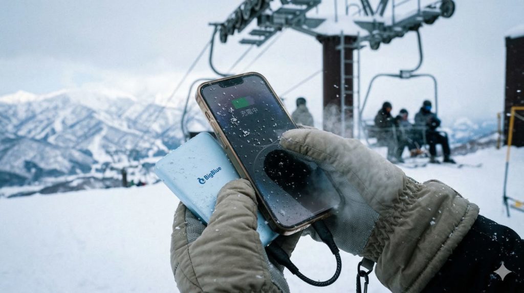 厳しい寒さの雪山でも、問題なくスマホに給電できているアウトドアの充電風景イメージ。