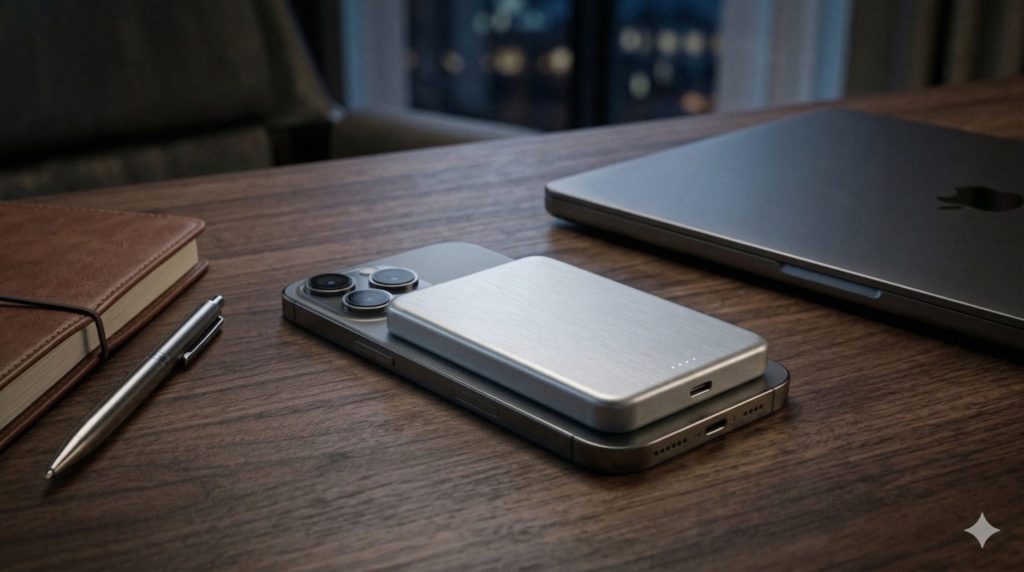 出張先のホテルの少し上質なデスクで、スマートに充電されている様子