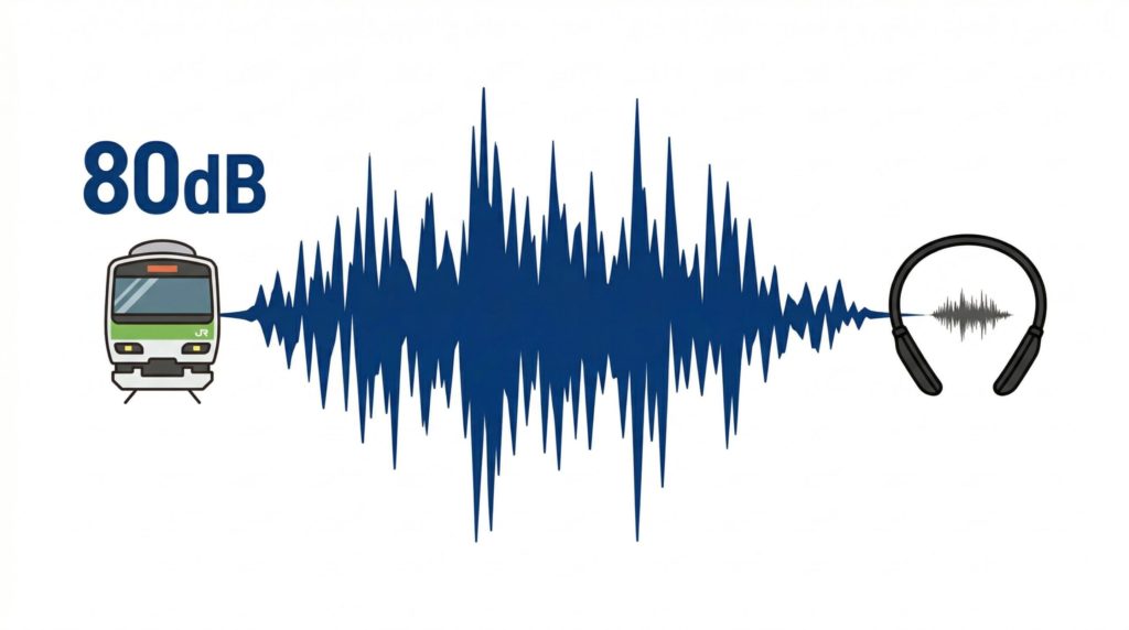 左に電車のアイコンと「80dB」の文字、右に骨伝導イヤホンのアイコンのイラスト