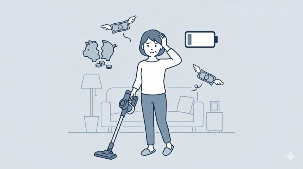 バッテリー切れと高額な交換費用に悩むコードレス掃除機ユーザーのイラスト