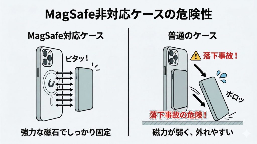 普通のスマホケースにバッテリーをつけると、磁力が弱まって「ポロッ」と落ちてしまう様子を示す、分かりやすい2コマの比較イラスト