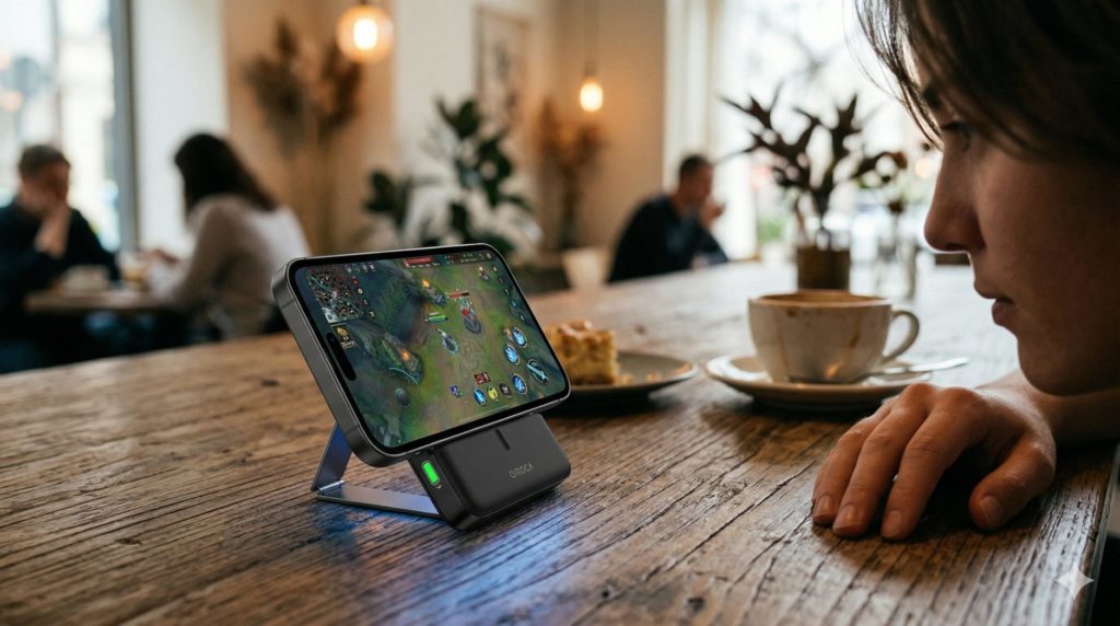 バッテリーのキックスタンドを立てた状態でスマホを横置きにし、快適にゲーム動画を楽しんでいる様子