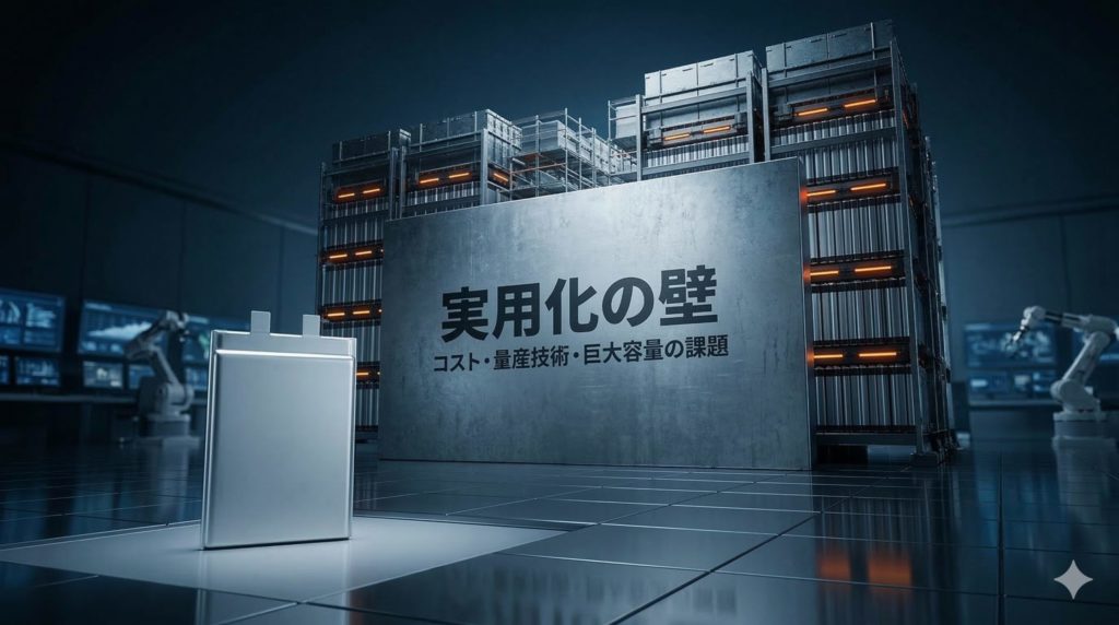 最新設備の自動車工場ラインが「実用化の壁」にぶつかっているイメージを表現した画像。