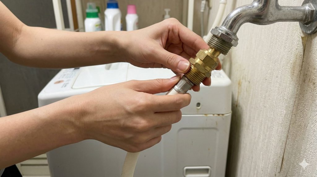 賃貸の洗面所にある古い縦型洗濯機の給水ホース部分。ホースと蛇口の間に、鈍く光る金属製のアダプターの交換をしている瞬間のイメージ