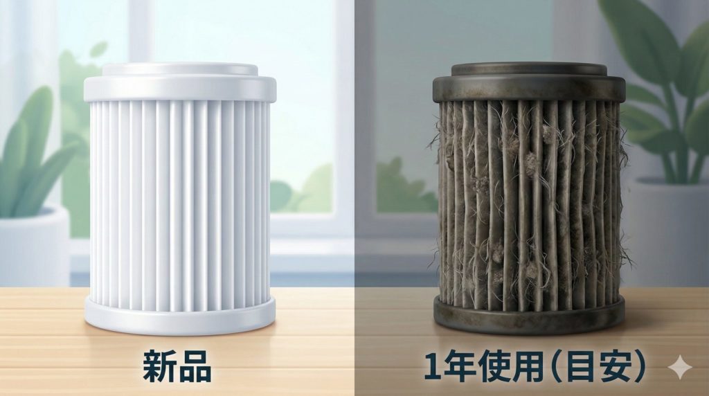 新品の掃除機フィルターと1年使用して黒ずんだ寿命のフィルターの比較