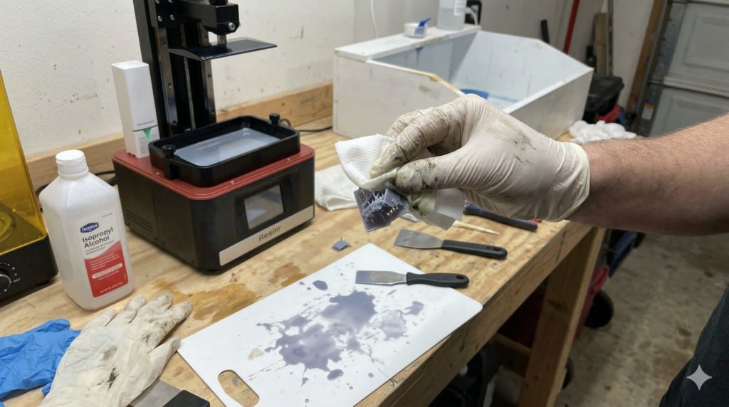 レジン液の処理で少し机が汚れ、手袋やアルコールボトルが散乱している、リアルで「めんどくさそう」な家庭用3Dプリンターの後処理作業風景の写真イメージ。
