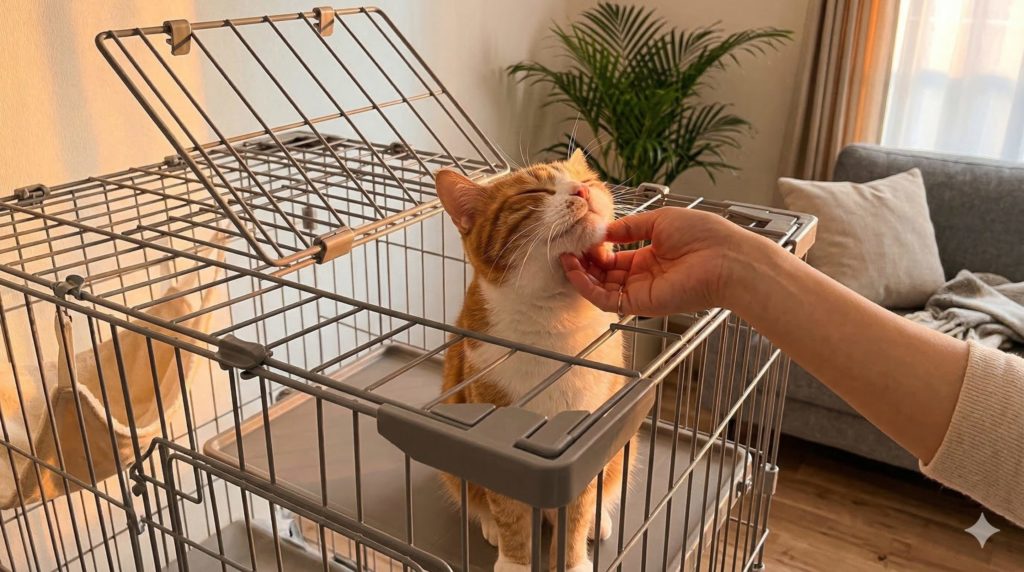 ケージの天面扉から顔を出した猫と、飼い主さんが笑顔で触れ合っているエモーショナルなシーンのイメージ