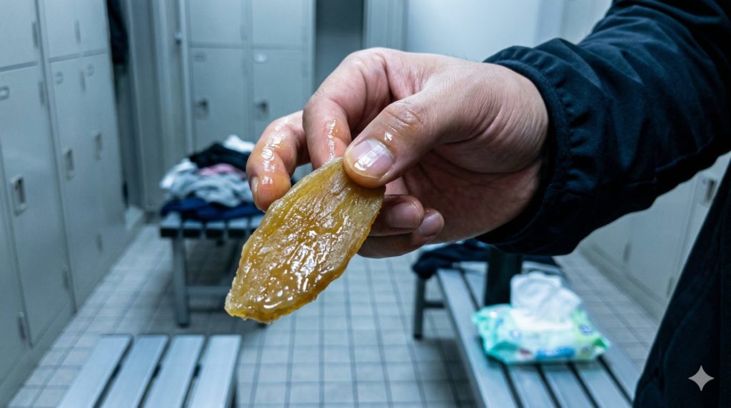 ジムの更衣室のロッカー前で、ねっとりとした干し芋をつまんだことで指がテカテカ光ってベタついている手元のイメージ