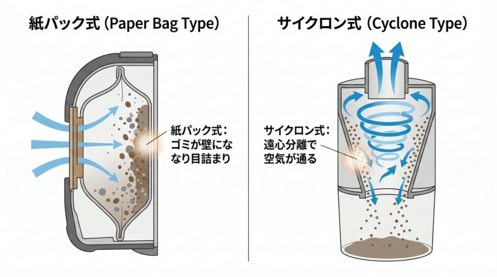 紙パック式(目詰まりしやすい構造)とサイクロン式(遠心分離で目詰まりしない構造)の空気の流れの違いを示す図解