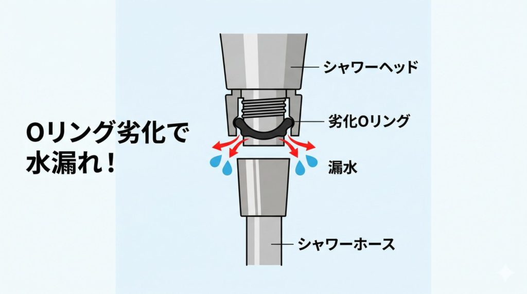 シャワーヘッドとホースの接続部分の断面図。古いカチカチのゴムパッキンに隙間ができ、そこから赤い矢印で水が漏れている様子を示す図解