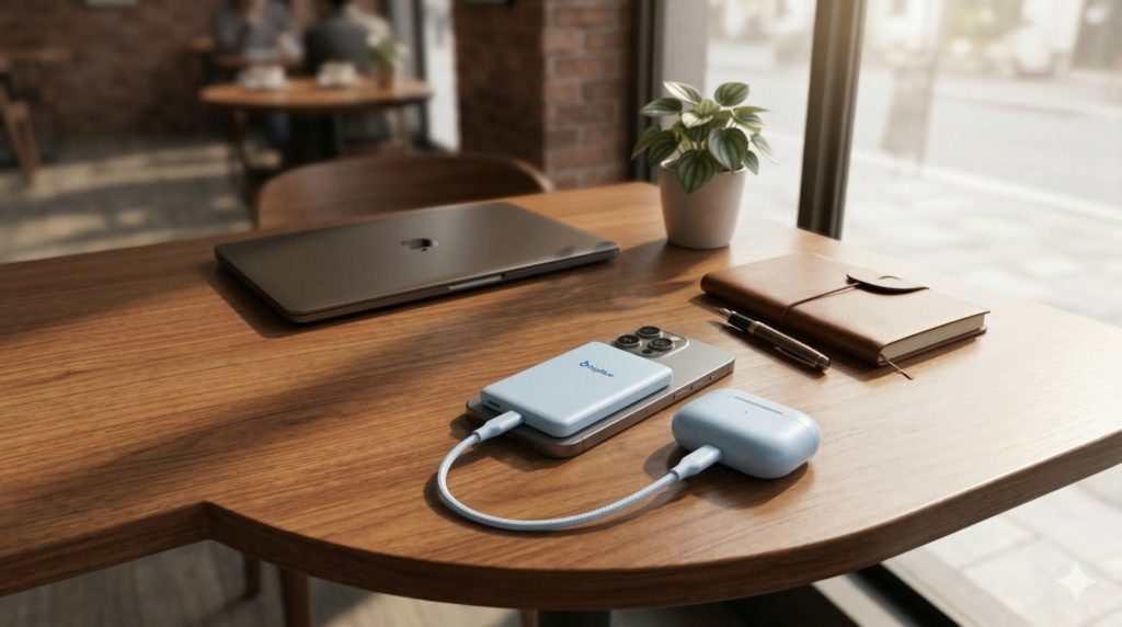 カフェのテーブルで、ケーブル配線を最小限に抑えながら2つのデバイスをスマートに同時充電している光景のイメージ。