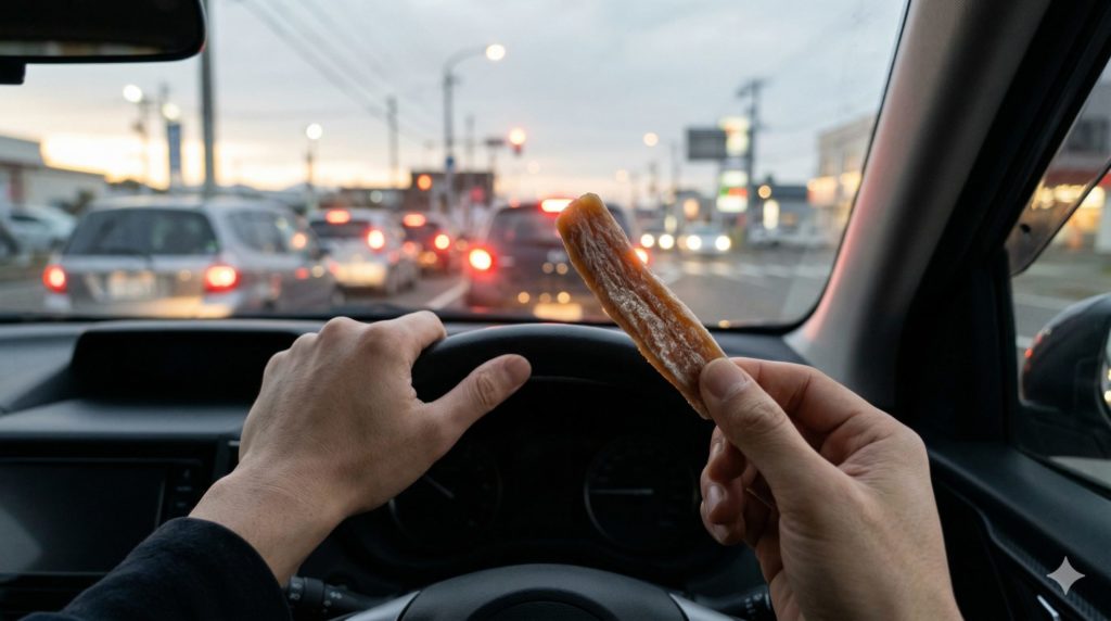 車のハンドルを片手で握り、もう片方の手でスティック状の干し芋をつまんでいる一人称視点の写真イメージ