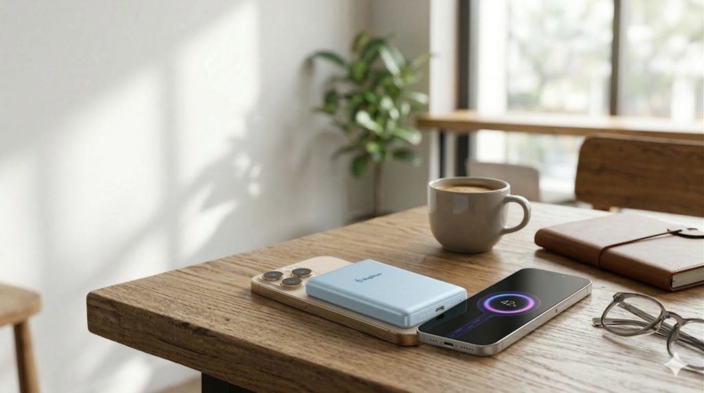 カフェでスマホを充電している、ごく普通の日常的な写真イメージ。