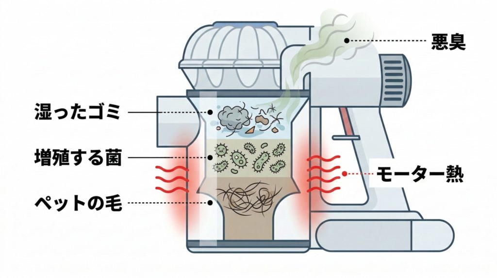排気が臭くなる原因メカニズム(ゴミの湿気・モーター熱・ペットの皮脂)