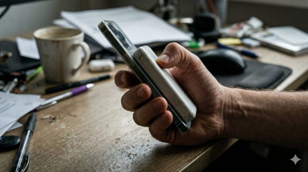 充電しながらスマホを持っている手が、熱さや重さで少し不快そうになっている様子