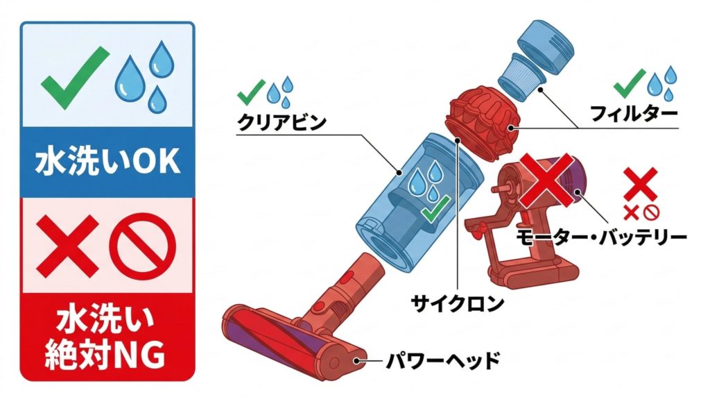 ダイソン掃除機の水洗い可能パーツと絶対NGパーツの図解