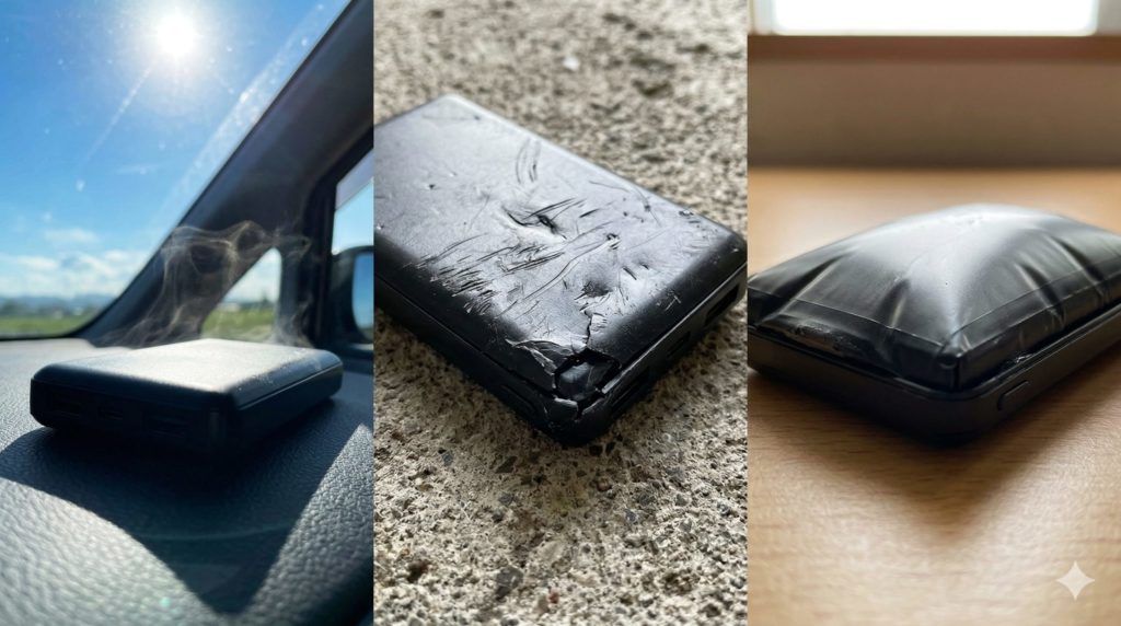 真夏の車内や直射日光に放置したモバイルバッテリー、何度も床に落としたモバイルバッテリー、膨らんだモバイルバッテリーの様子
