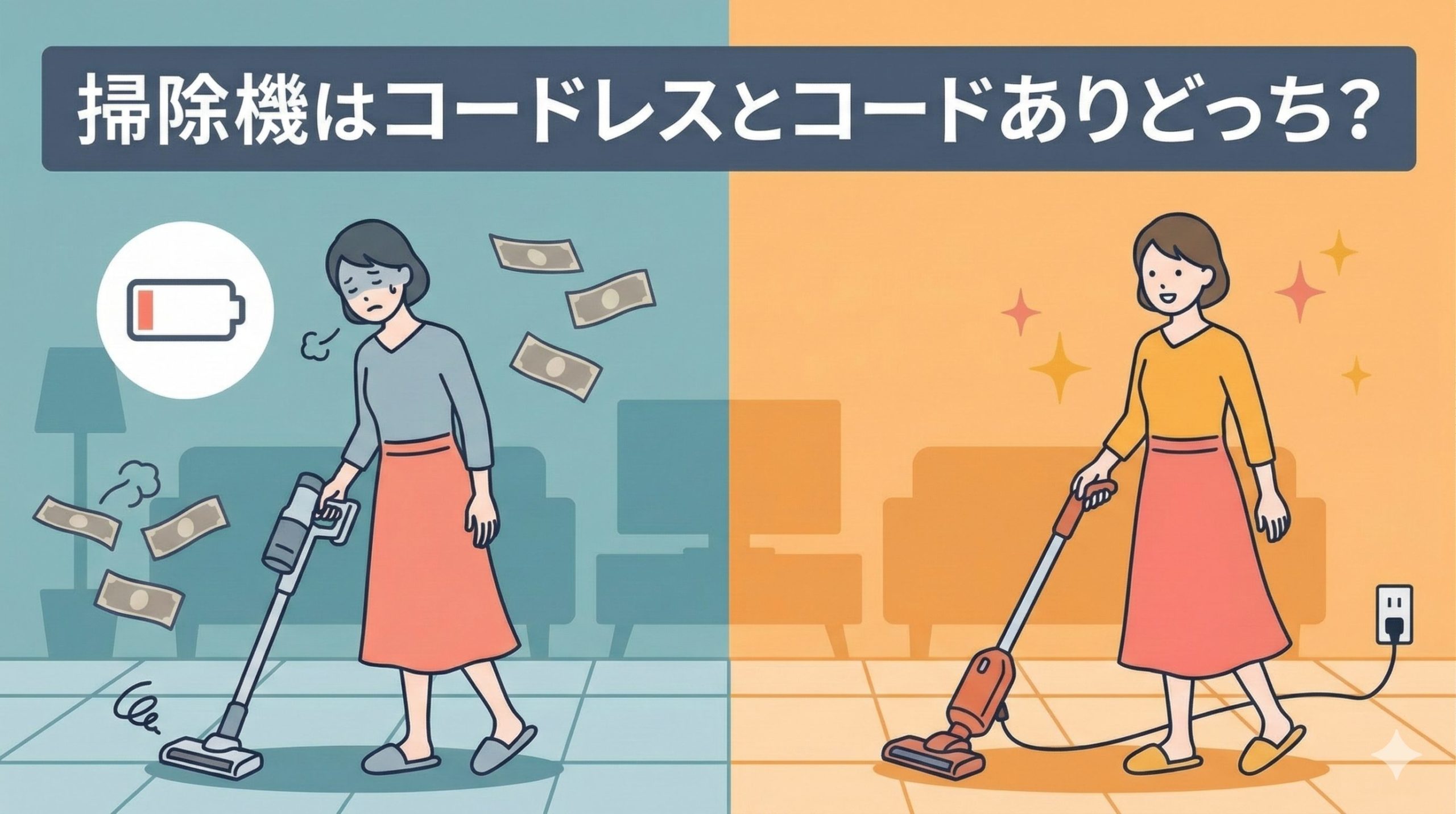 コードレス掃除機とコードあり掃除機の比較、コード式掃除機の方がコスパに優れているイメージ