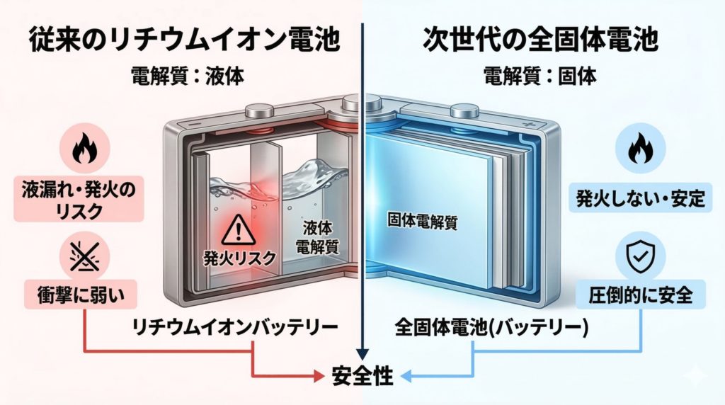リチウムイオン電池（液体）と全固体電池（固体）の構造の違いを表現した図解イラスト